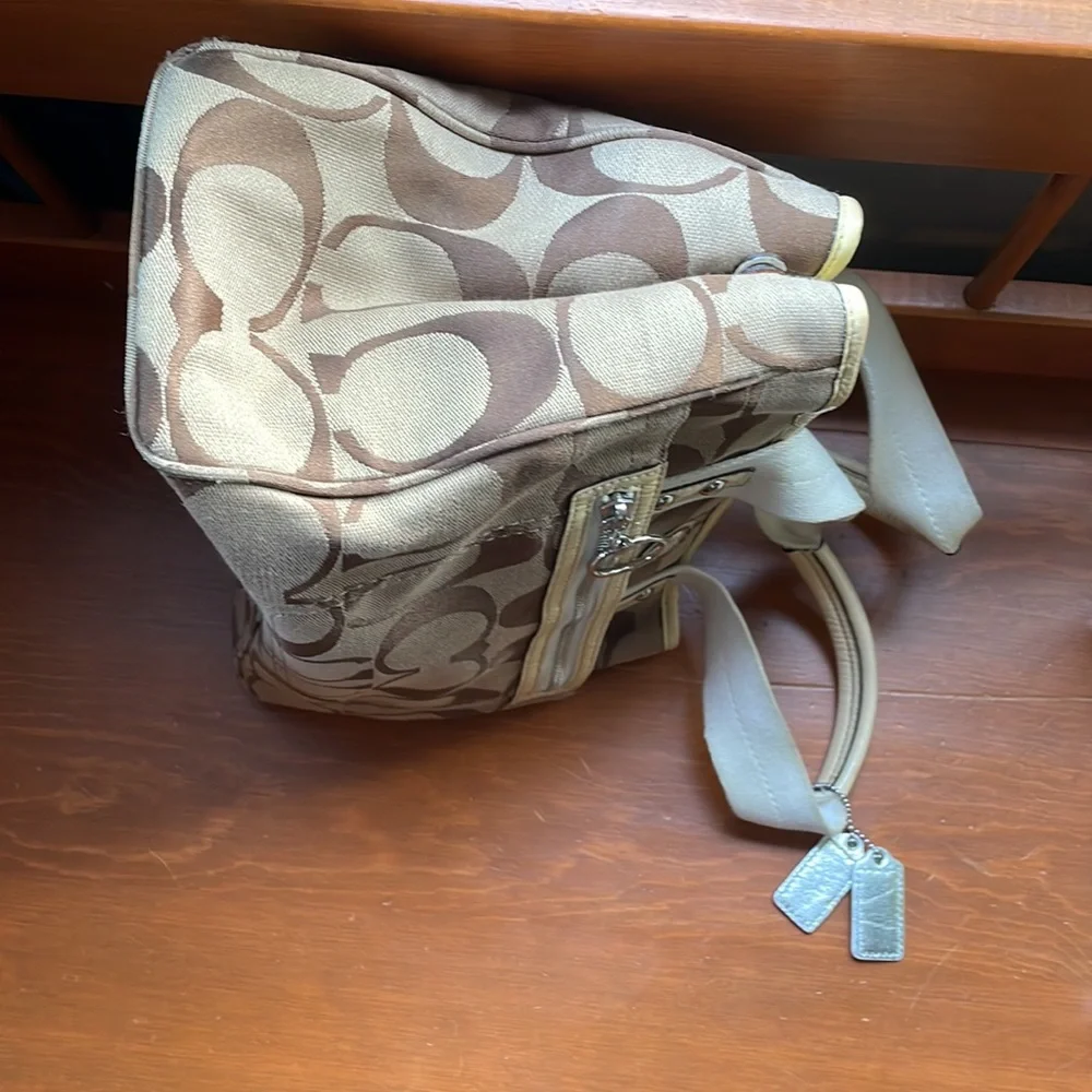 Taupe/tan Coach logo purse, violet lining, white straps - Picture 7 of 12